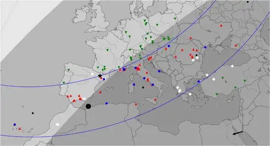 Map showing the location of telescopes that participated in the 8 August 2020 occultation campaign. Telescopes within the path of 2002 MS4's shadow (region between the two solid blue curves) made positive detections (blue and red points), whereas telescopes outside the path made negative detections (green points).